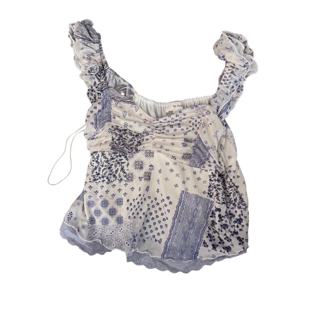 La Peca Blue White Floral Patchwork Ruffle Lace Peasant Top Sweetheart Blouse